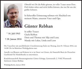 Traueranzeige von Günter Rebhan von  Allgemeine  Zeitung Ingelheim-Bingen