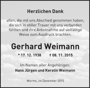 Traueranzeige von Gerhard Weimann von  Wormser Zeitung