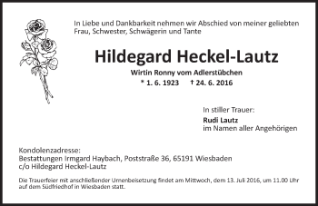 Traueranzeige von Hildegard Heckel-Lautz von Trauerportal Rhein Main Presse