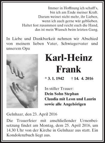 Traueranzeige von Karl-Heinz Frank von  Kreisanzeiger