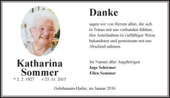 Traueranzeige von Katharina Sommer von  Gelnhäuser Tageblatt