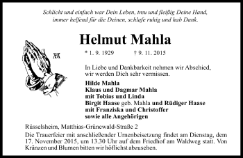 Traueranzeige von Helmut Mahla von  Mainspitze
