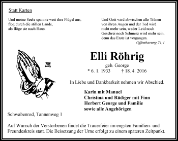 Traueranzeige von Elli Röhrig von VRM Trauer