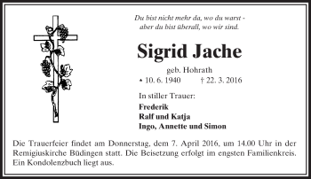 Traueranzeige von Sigrid Jache von  Kreisanzeiger