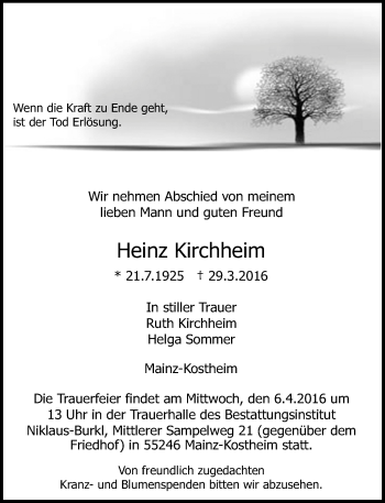 Traueranzeige von Heinz Kirchheim von  Allgemeine Zeitung Mainz