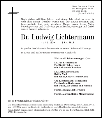 Traueranzeige von Ludwig Lichtermann von  Allg. Zeitung Bad Kreuznach