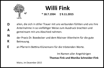Traueranzeige von Willi Fink von  Allgemeine Zeitung Mainz
