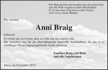 Traueranzeige von Anni Braig von  Allgemeine Zeitung Alzey