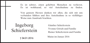 Traueranzeige von Ingeborg Schieferstein von  Allgemeine Zeitung Mainz