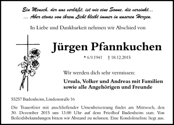 Traueranzeige von Jürgen Pfannkuchen von  Allgemeine Zeitung Mainz