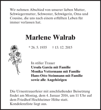 Traueranzeige von Marlene Walrab von  Wormser Zeitung