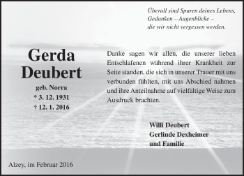 Traueranzeige von Gerda Deubert von  Allgemeine Zeitung Alzey