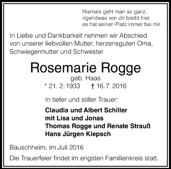 Traueranzeige von Rosemarie Rogge von Trauerportal Echo Online
