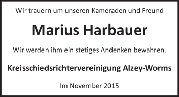 Traueranzeige von Marius Harbauer von  Allgemeine Zeitung Alzey