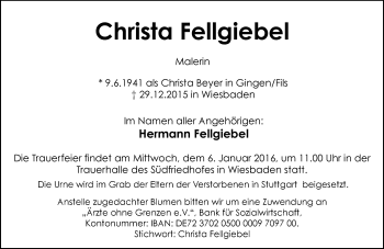 Traueranzeige von Christa Fellgiebel von  Wiesbaden komplett