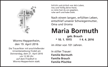 Traueranzeige von Maria Bormuth von  Wormser Zeitung