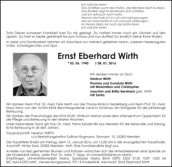 Traueranzeige von Ernst Eberhard Wirth von  Allgemeine Zeitung Mainz