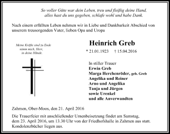 Traueranzeige von Heinrich Greb von VRM Trauer