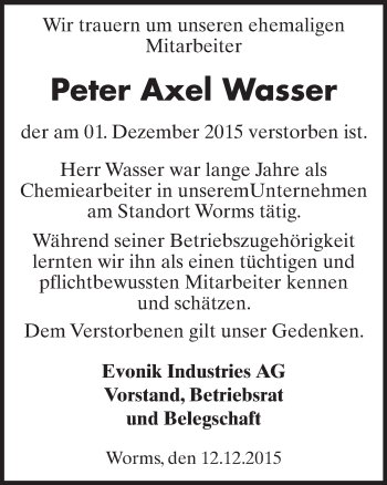 Traueranzeige von Peter Axel Wasser von  Wormser Zeitung
