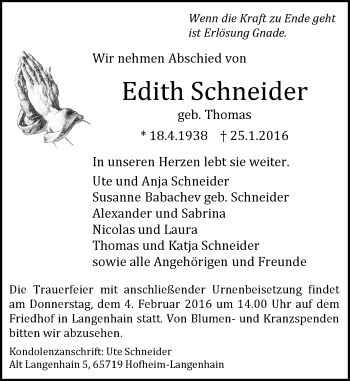 Traueranzeige von Edith Schneider von  Hofheimer Zeitung