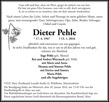 Traueranzeige von Dieter Pehle von  Allgemeine Zeitung Alzey