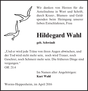 Traueranzeige von Hildegard Wahl von  Wormser Zeitung
