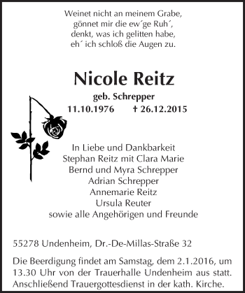 Traueranzeige von Nicole Reitz von  Landskrone