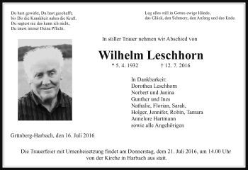 Traueranzeige von Wilhelm Leschhorn von  Gießener Anzeiger