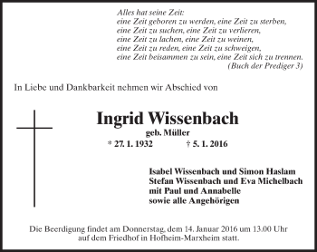 Traueranzeige von Ingrid Wissenbach von  Hofheimer Zeitung