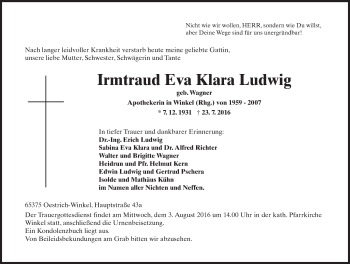 Traueranzeige von Irmtraud Eva Klara Ludwig von Trauerportal Rhein Main Presse