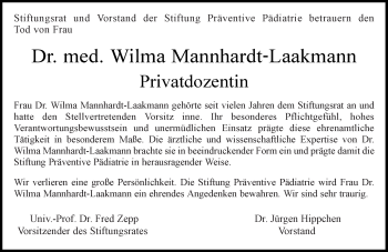 Traueranzeige von Wilma Mannhardt-Laakmann von  Allgemeine Zeitung Mainz