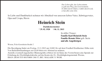 Traueranzeige von Heinrich Stein von  Wormser Zeitung
