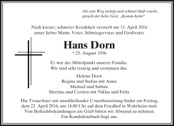 Traueranzeige von Hans Dorn von  Usinger Anzeiger