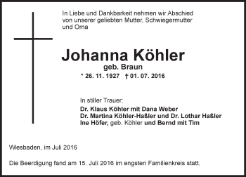 Traueranzeige von Johanna Köhler von Trauerportal Rhein Main Presse