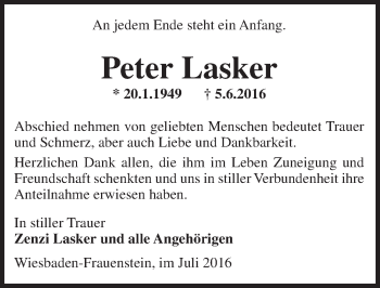 Traueranzeige von Peter Lasker von Trauerportal Rhein Main Presse