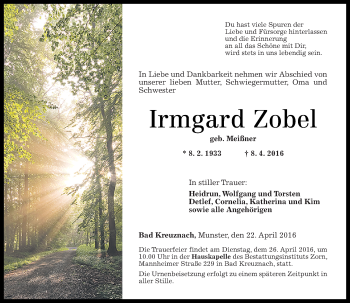 Traueranzeige von Irmgard Zobel von  Allg. Zeitung Bad Kreuznach