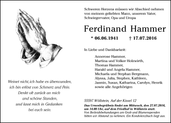 Traueranzeige von Ferdinand Hammer von Trauerportal Rhein Main Presse