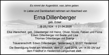Traueranzeige von Erna Dillenberger von  WK-UTA/Aar-Bote