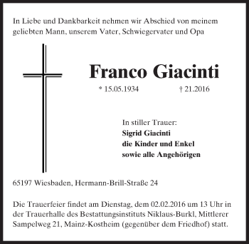 Traueranzeige von Franco Giacinti von  Wiesbaden komplett
