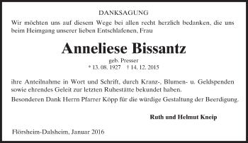Traueranzeige von Anneliese Bissantz von  Wormser Zeitung
