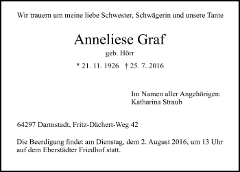 Traueranzeige von Anneliese Graf von Trauerportal Echo Online