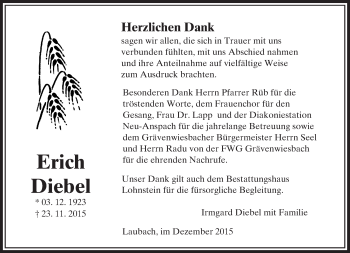 Traueranzeige von Erich Diebel von  Usinger Anzeiger