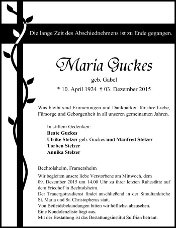 Traueranzeige von Maria Guches von  Allgemeine Zeitung Alzey