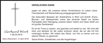 Traueranzeige von Gerhard Worf von  Allgemeine Zeitung Mainz