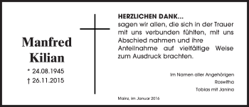 Traueranzeige von Manfred Kilian von  Allgemeine Zeitung Mainz
