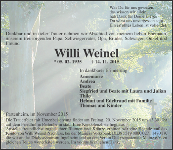 Traueranzeige von Willi Weinel von  Allgemeine Zeitung Alzey