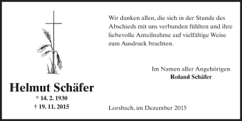 Traueranzeige von Helmut Schäfer von  Hofheimer Zeitung