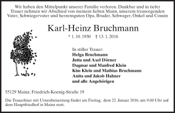 Traueranzeige von Karl-Heinz Bruchmann von  Allgemeine Zeitung Mainz