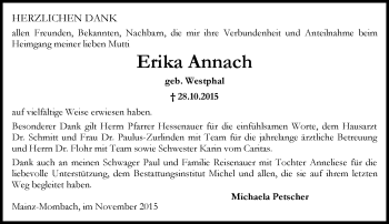 Traueranzeige von Erika Annach von  Allgemeine Zeitung Mainz