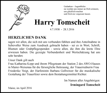 Traueranzeige von Harry Tomscheit von  Allgemeine  Zeitung Ingelheim-Bingen